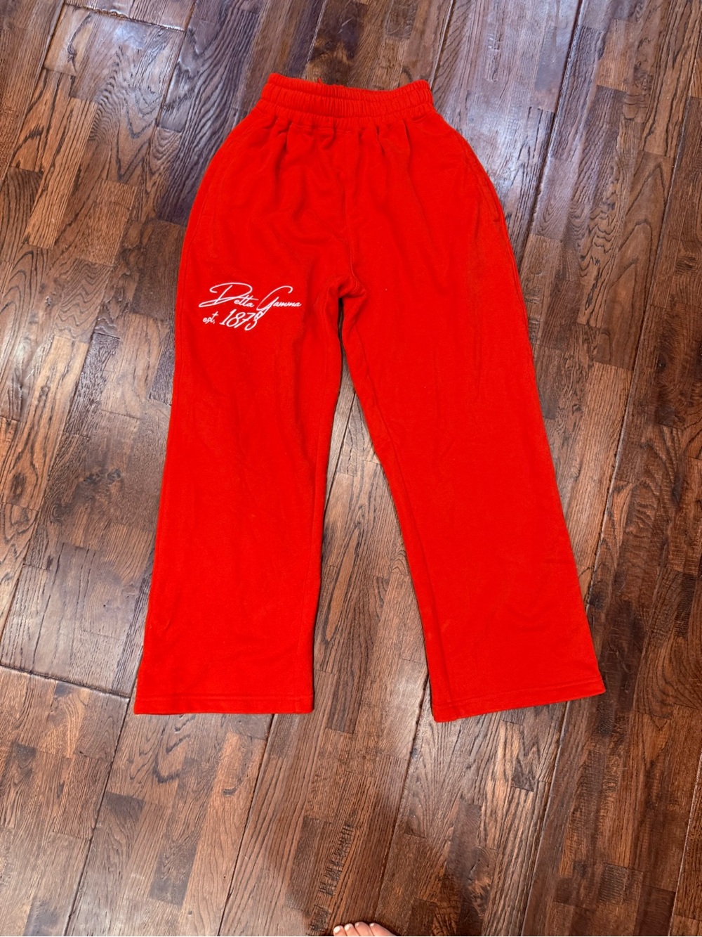 Red women’s sweat Pants with DG delta gamma sorority.